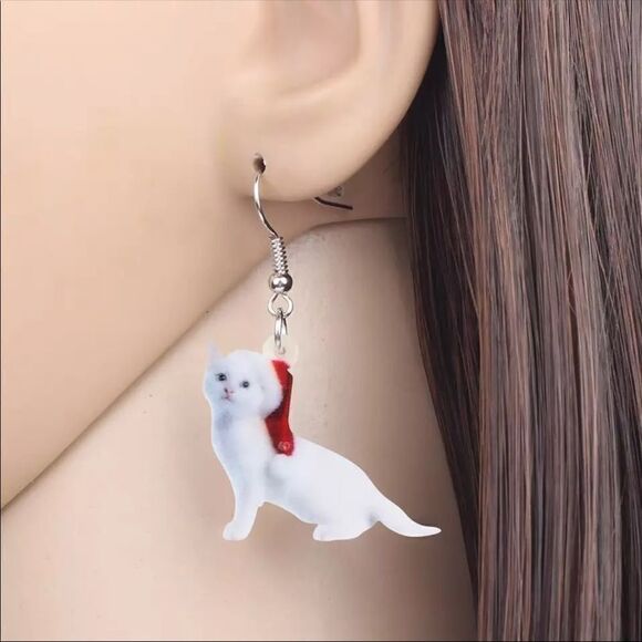 Christmas White Cat Earrings Santa Acrylic Lightweight Holiday Kitten - Picture 3 of 5